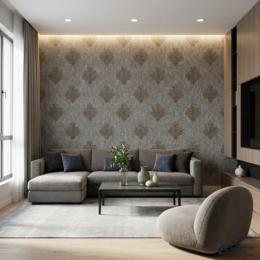 Modern living room with damask patterned wallpaper, taupe suede sofa, and light oak wooden flooring