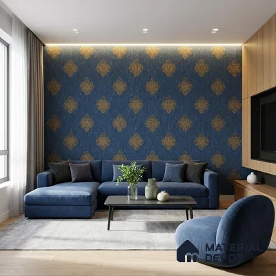 Modern living room with blue damask wallpaper, blue velvet sofa, and light oak laminate TV unit