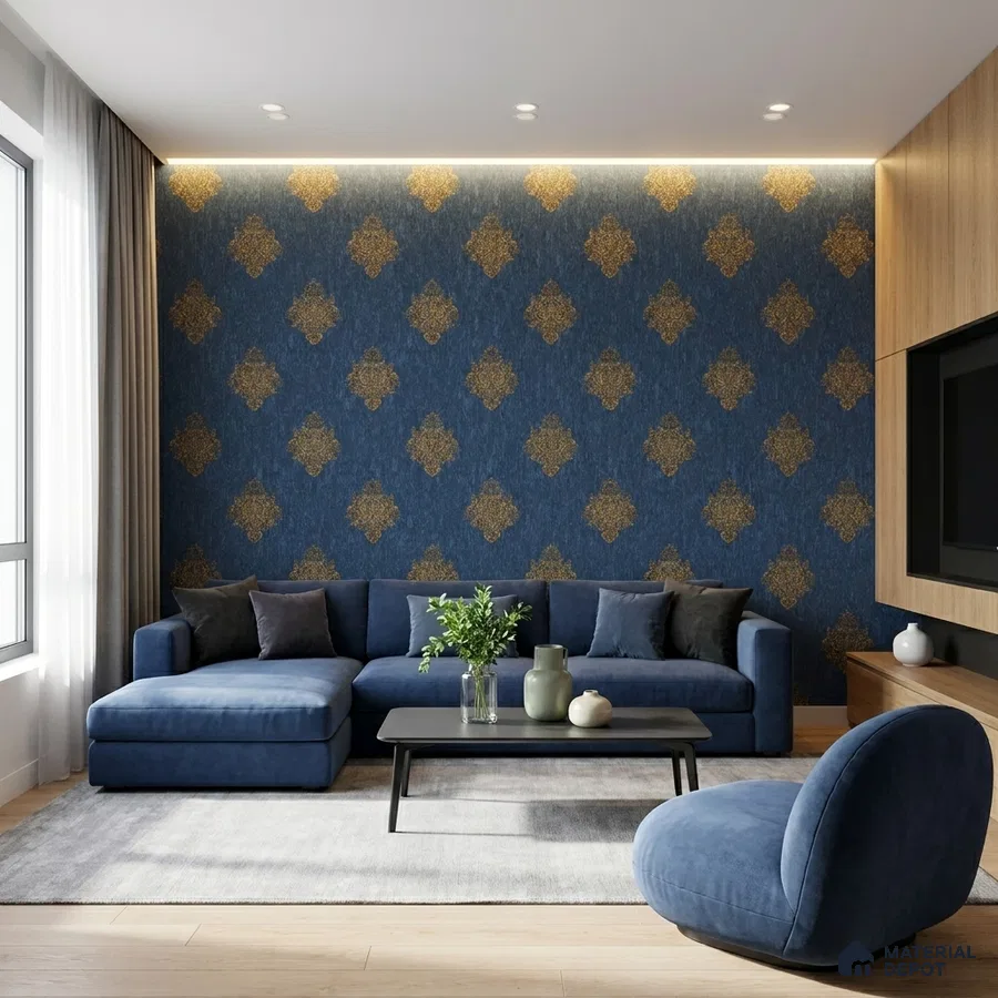 Modern living room with blue damask wallpaper, blue velvet sofa, and light oak laminate TV unit