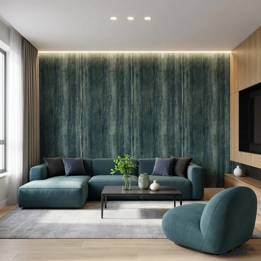 Modern living room with teal velvet sofa, textured blue wallpaper, and light oak laminate TV unit