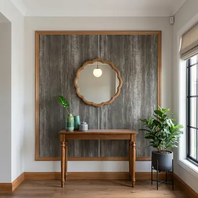 Modern foyer with wood textured wall panel, walnut console table, and wooden flooring