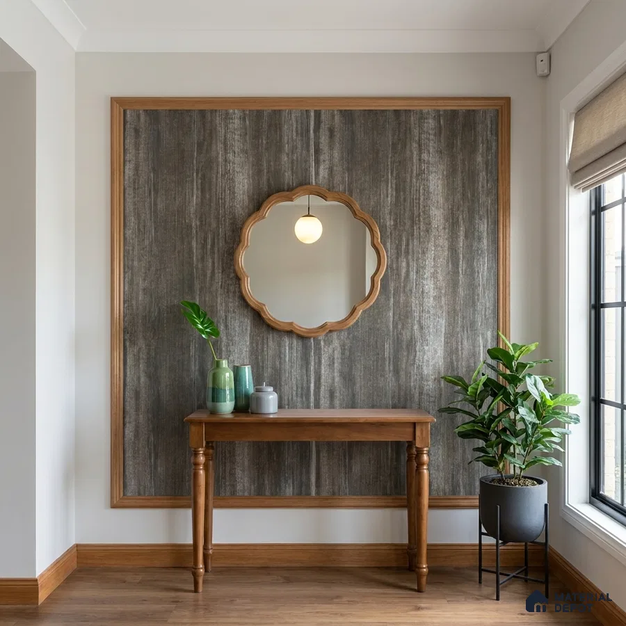 Modern foyer with wood textured wall panel, walnut console table, and wooden flooring