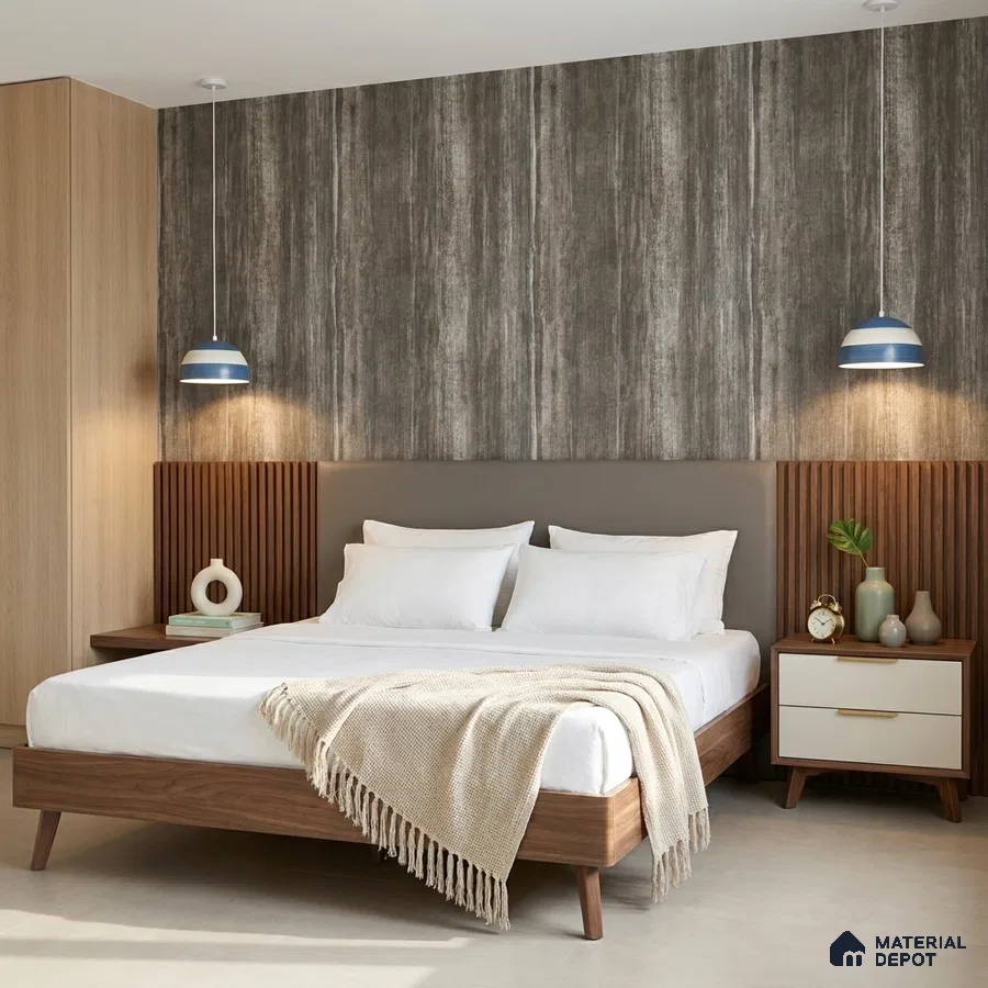 Mid-century modern bedroom with walnut wood bed, fluted panels, and grey textured wallpaper