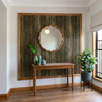 Modern foyer with rustic wood laminate accent wall and natural oak console table