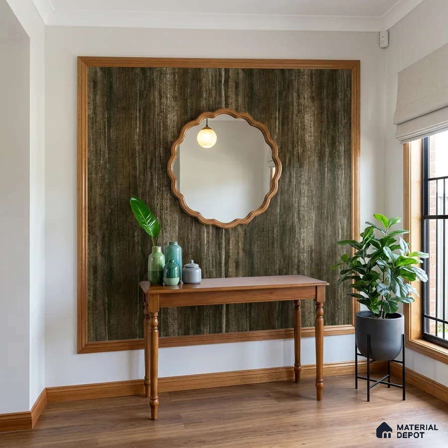 Modern foyer with rustic wood laminate accent wall and natural oak console table