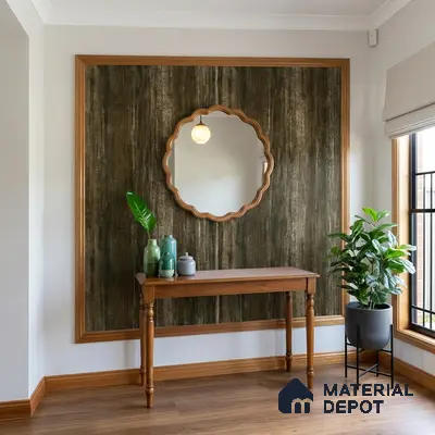 Modern foyer with rustic wood laminate accent wall and natural oak console table