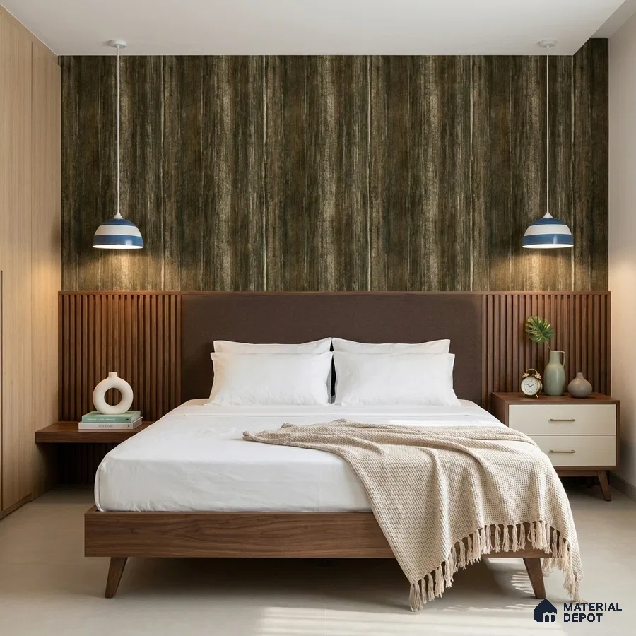 Mid-century modern bedroom with walnut wood bed, vertical wood slat panels, and textured brown wallpaper