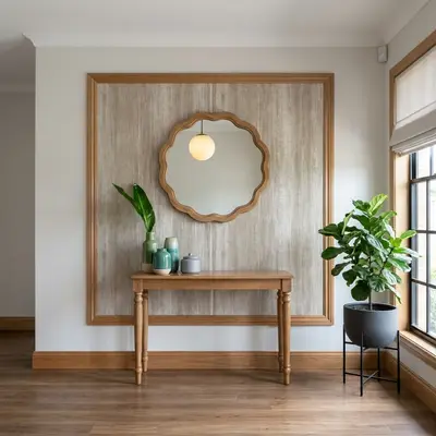 Scandinavian foyer with light oak wood laminate, textured wallpaper, and wooden flooring