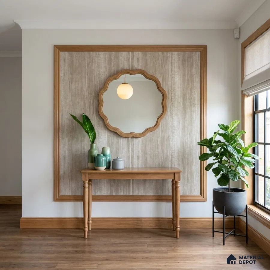 Scandinavian foyer with light oak wood laminate, textured wallpaper, and wooden flooring