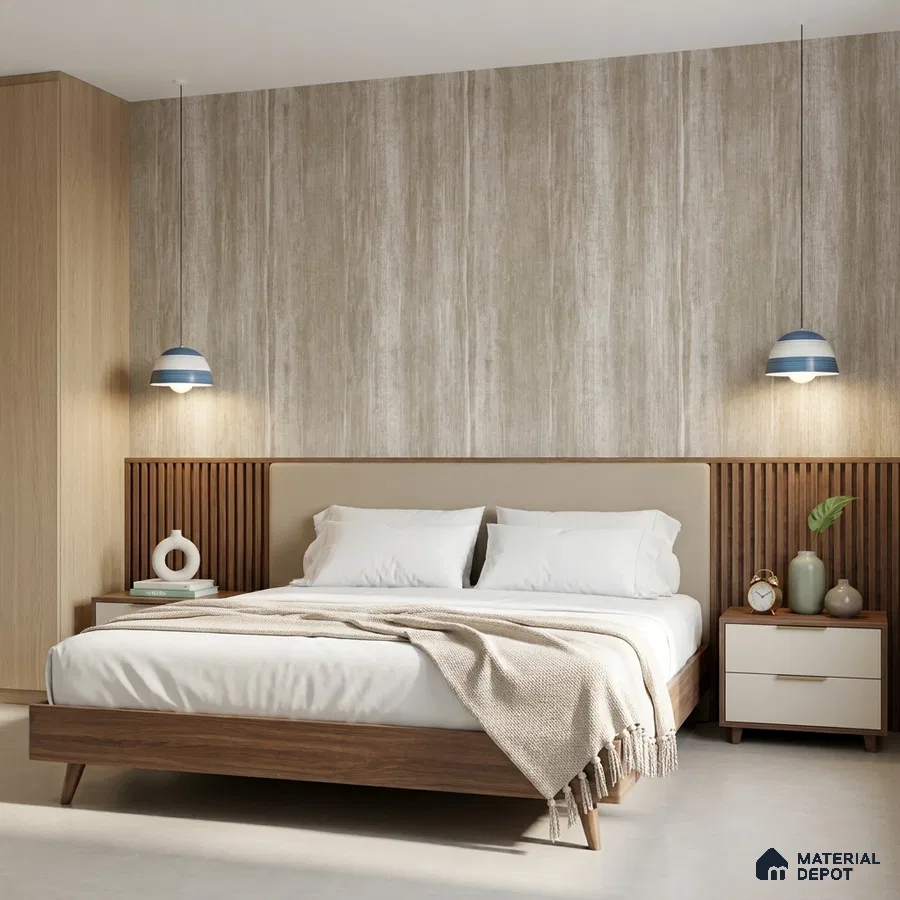 Scandinavian bedroom with oak wood laminate wardrobe, beige textured wallpaper, and walnut fluted headboard panel