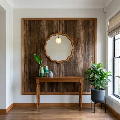 Modern foyer with walnut wood laminate accent wall and wooden flooring