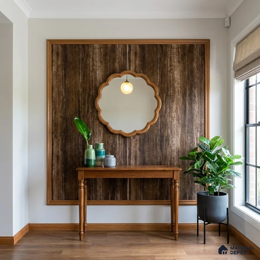 Modern foyer with walnut wood laminate accent wall and wooden flooring
