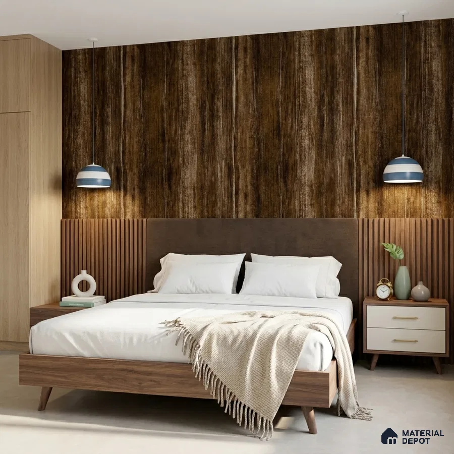 Mid-century modern bedroom with walnut wood laminate, fluted panels, and textured brown wallpaper