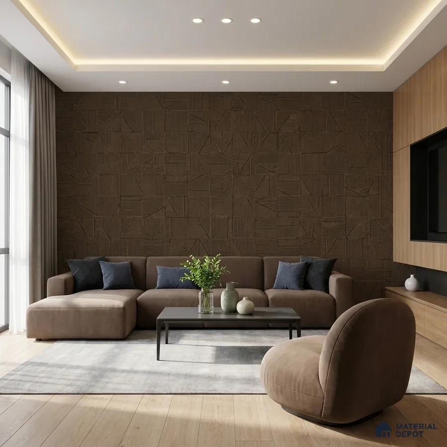 Minimalist living room with textured brown wall panels and light oak wooden flooring