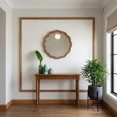 Scandinavian foyer with natural oak wood console, white textured wallpaper, and wooden flooring