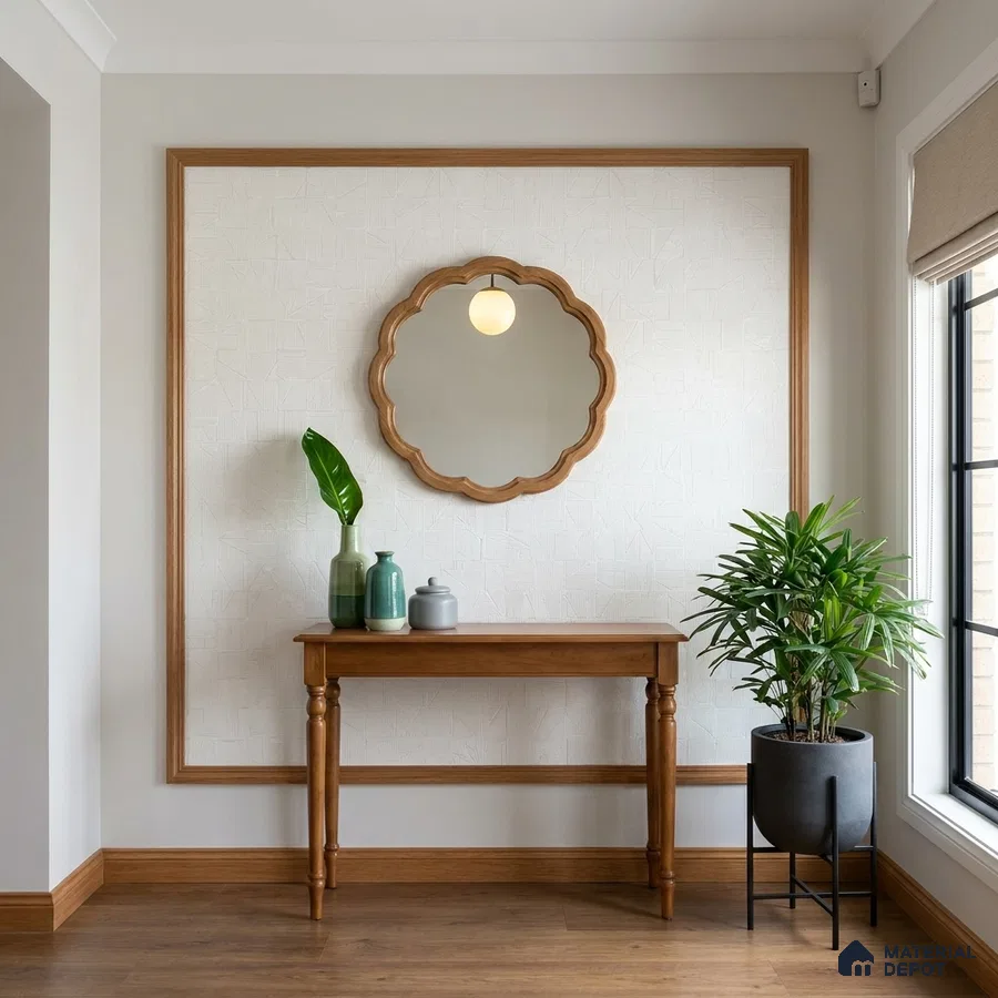 Scandinavian foyer with natural oak wood console, white textured wallpaper, and wooden flooring