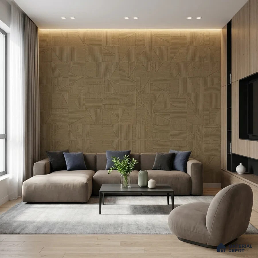 Modern living room with geometric textured wall panels and taupe suede upholstery