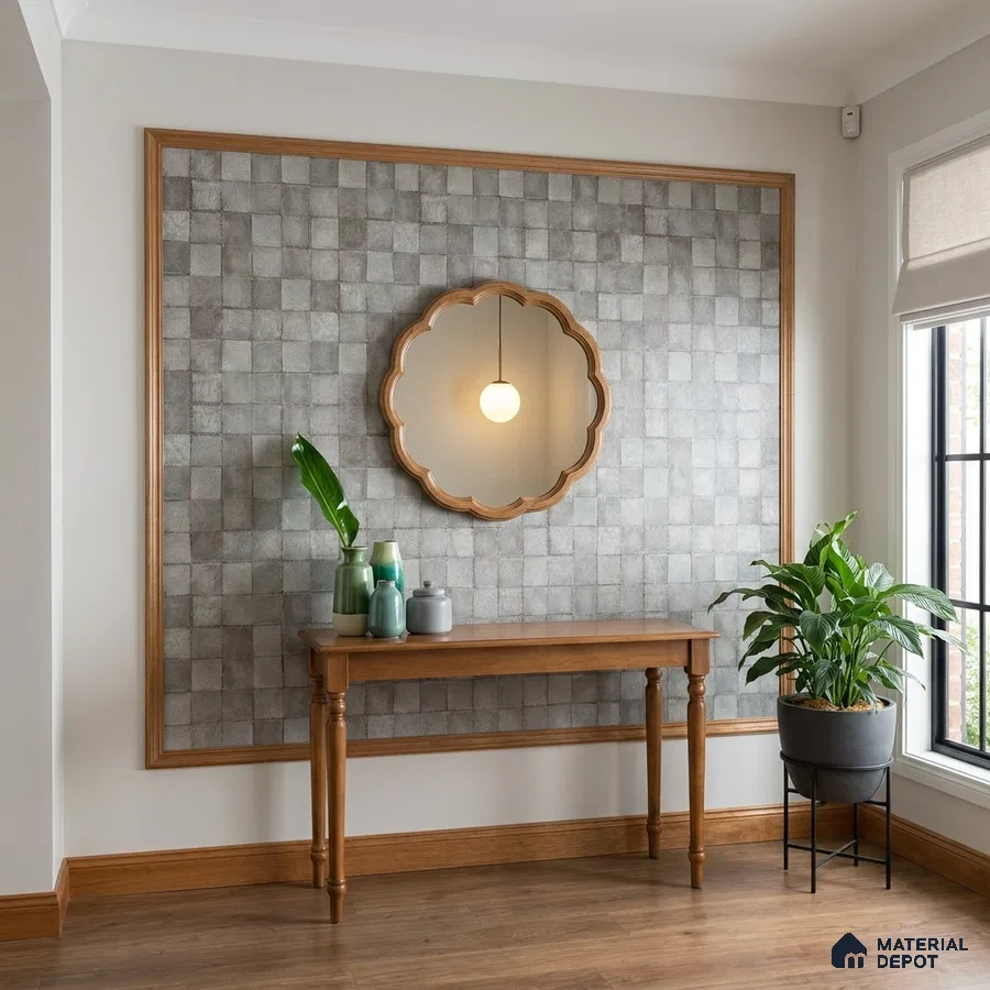 Modern foyer with grey checkerboard wall tiles and natural wood console table