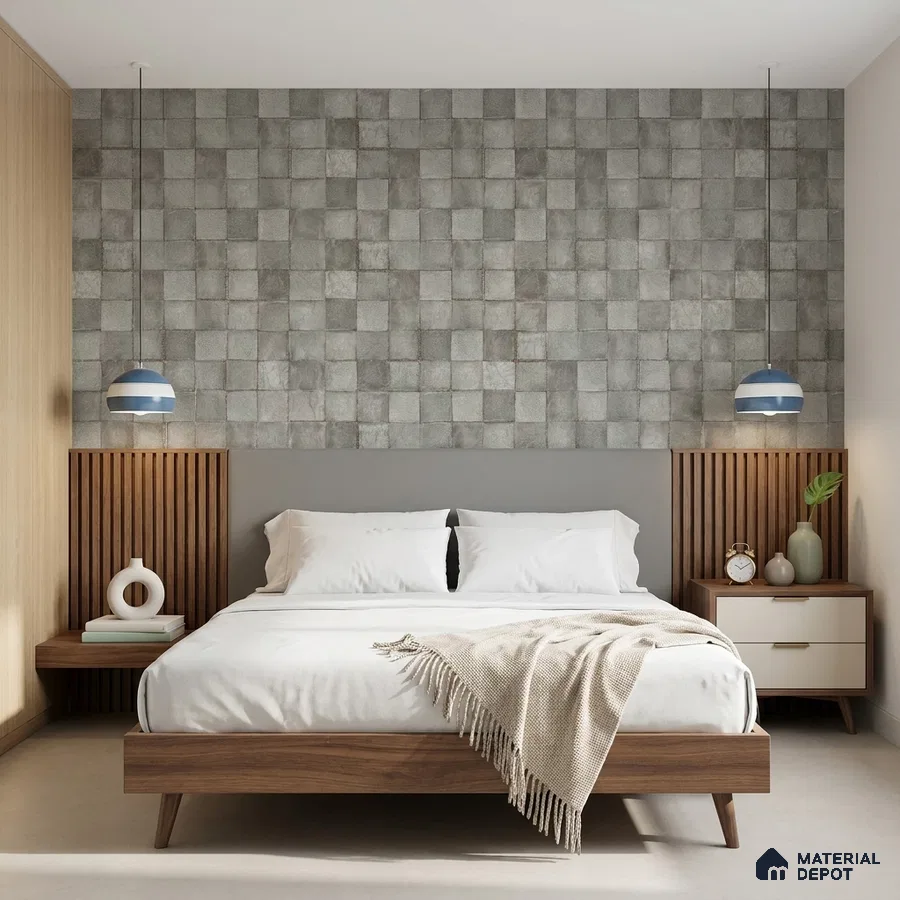 Mid-century modern bedroom with grey textured wall tiles and walnut wood furniture