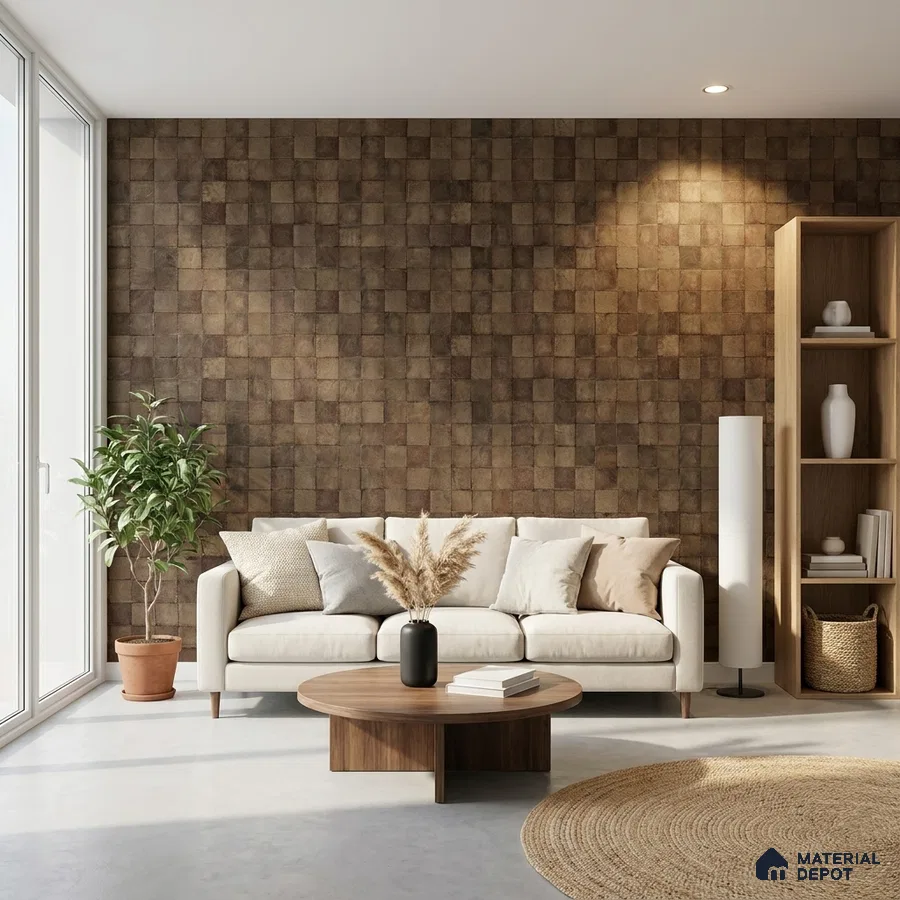 Scandinavian living room with textured brown stone cladding accent wall and light wood furniture