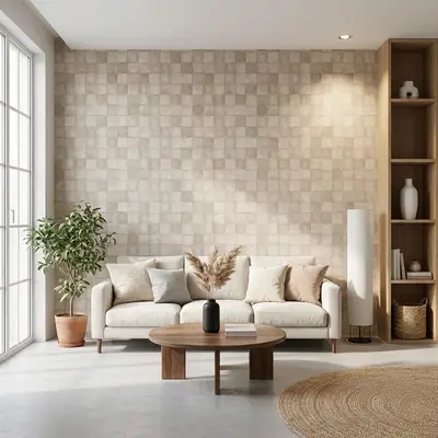 Scandinavian living room with beige textured wall tiles and natural oak wood accents