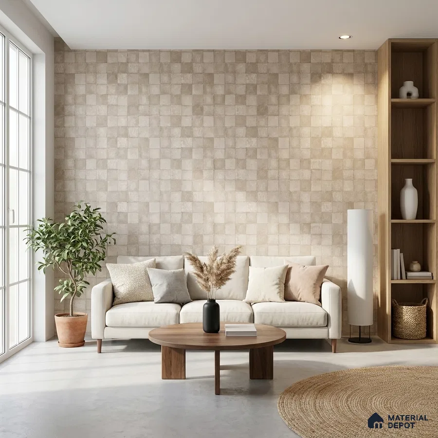 Scandinavian living room with beige textured wall tiles and natural oak wood accents