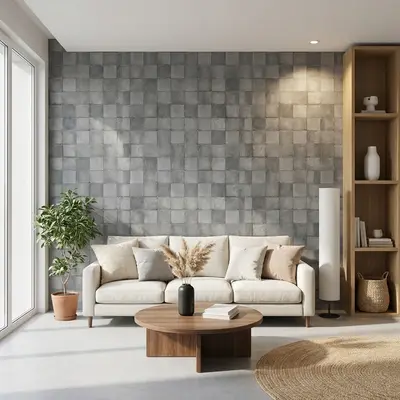 Scandinavian living room with grey textured wall tiles and natural wood accents