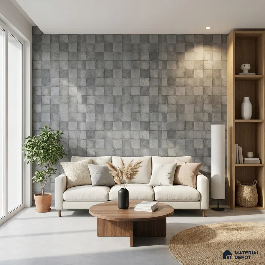 Scandinavian living room with grey textured wall tiles and natural wood accents