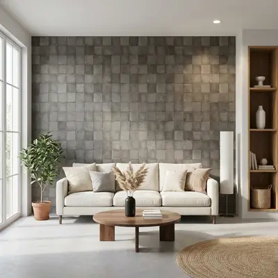 Scandinavian living room with grey textured wall tiles and natural wood accents