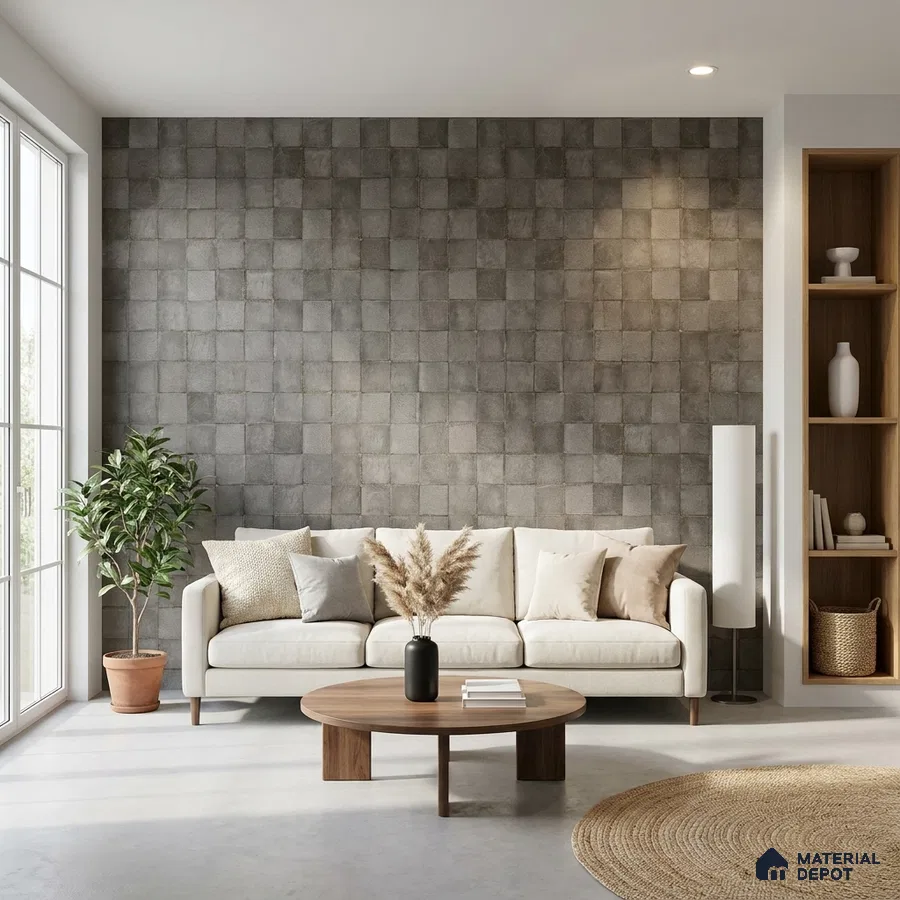 Scandinavian living room with grey textured wall tiles and natural wood accents