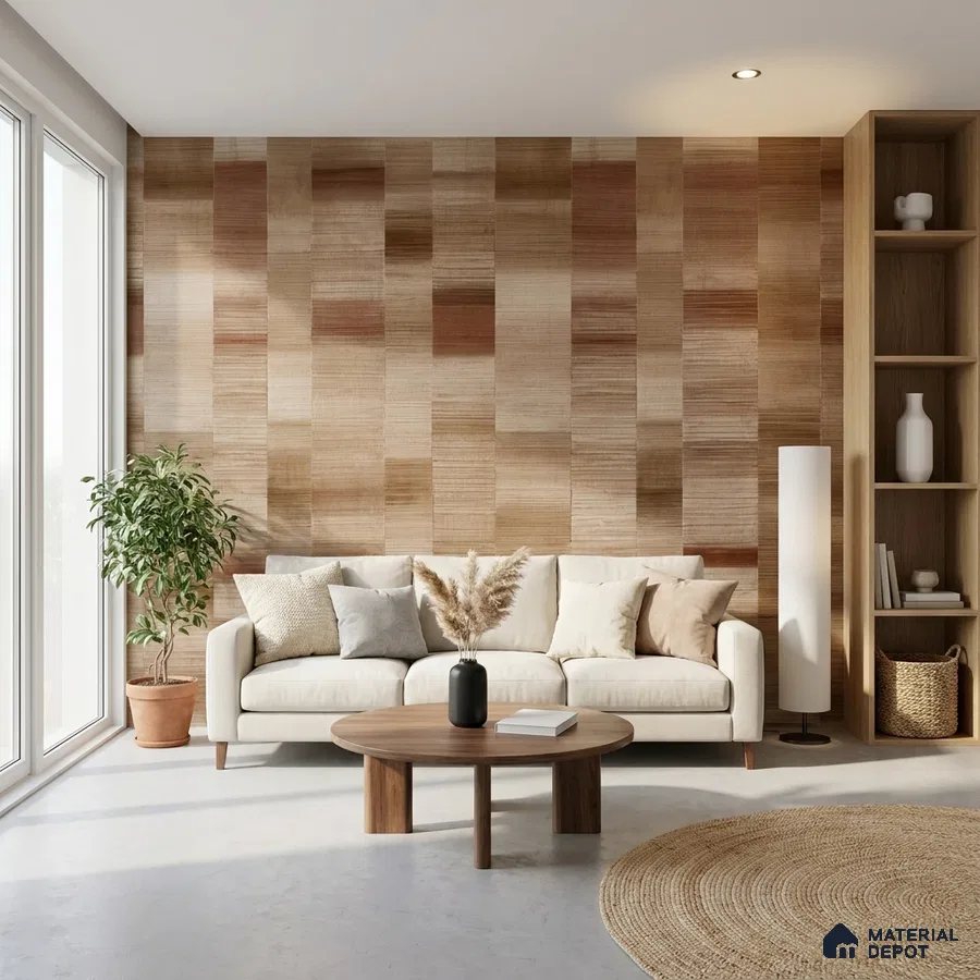 Scandinavian living room with textured wood-look wall panels and light oak furniture