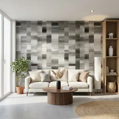 Scandinavian living room with geometric grey wallpaper and natural wood accents