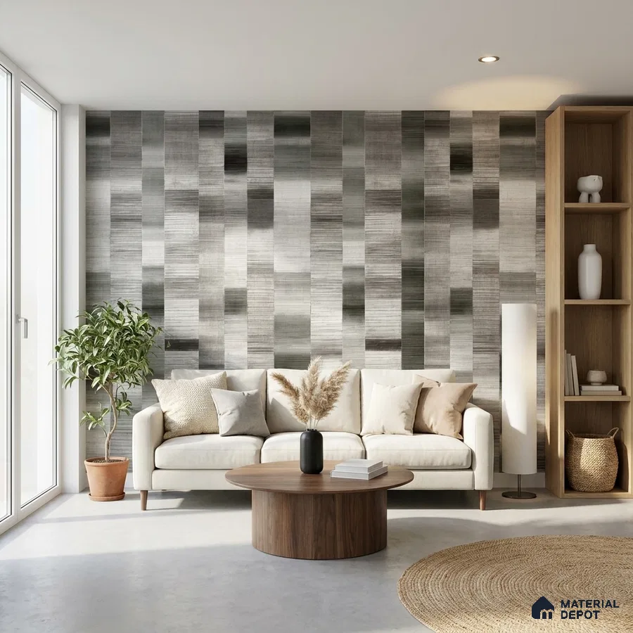 Scandinavian living room with geometric grey wallpaper and natural wood accents