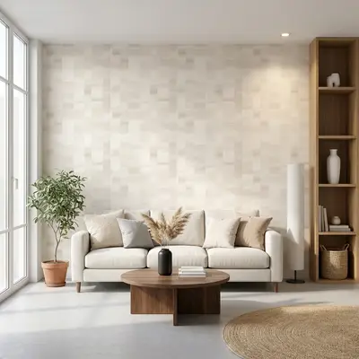 Scandinavian living room with beige textured wallpaper, oak wood shelving, and neutral fabric sofa