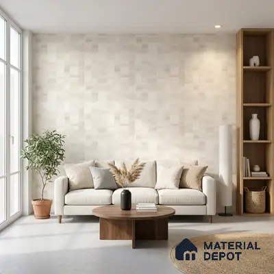 Scandinavian living room with beige textured wallpaper, oak wood shelving, and neutral fabric sofa
