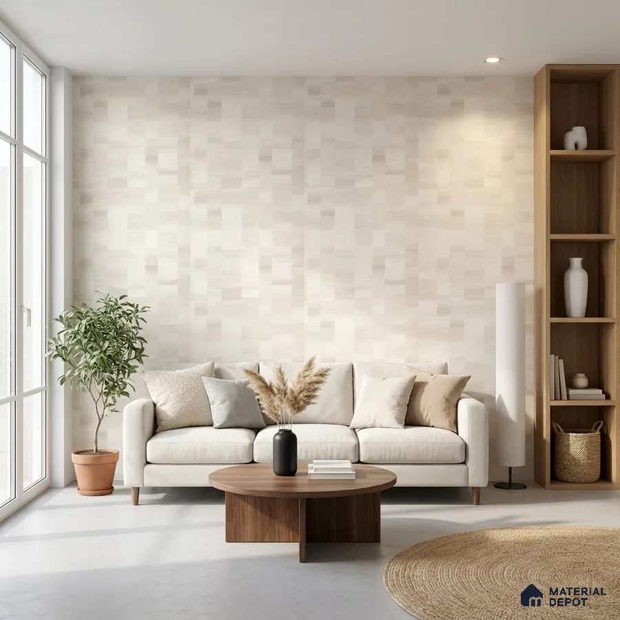 Scandinavian living room with beige textured wallpaper, oak wood shelving, and neutral fabric sofa