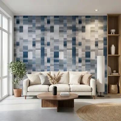 Scandinavian living room with blue geometric patterned wallpaper and light wood accents