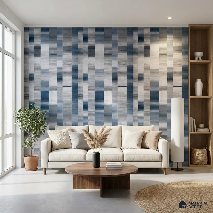 Scandinavian living room with blue geometric patterned wallpaper and light wood accents