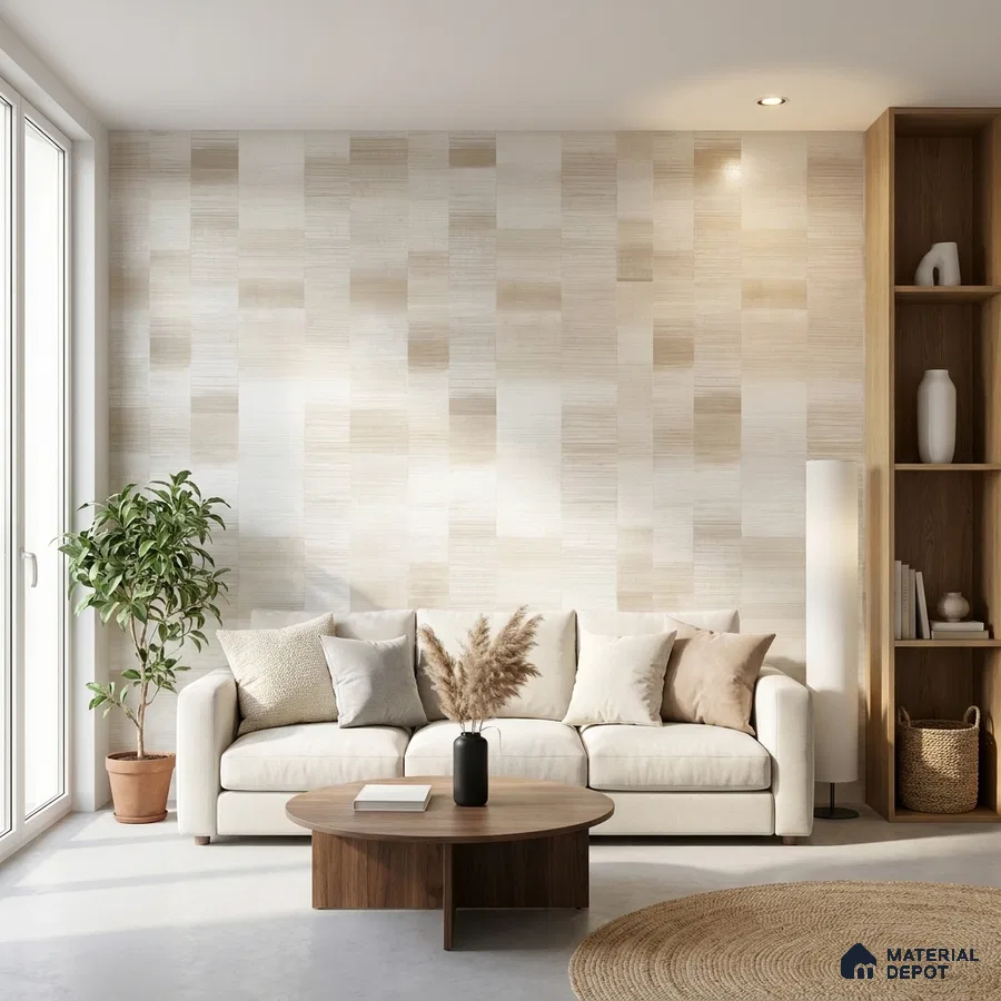 Scandinavian living room with beige textured wallpaper and natural wood shelving