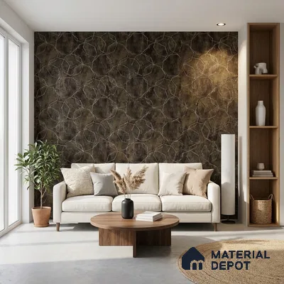 Modern living room with geometric patterned wallpaper and wooden coffee table