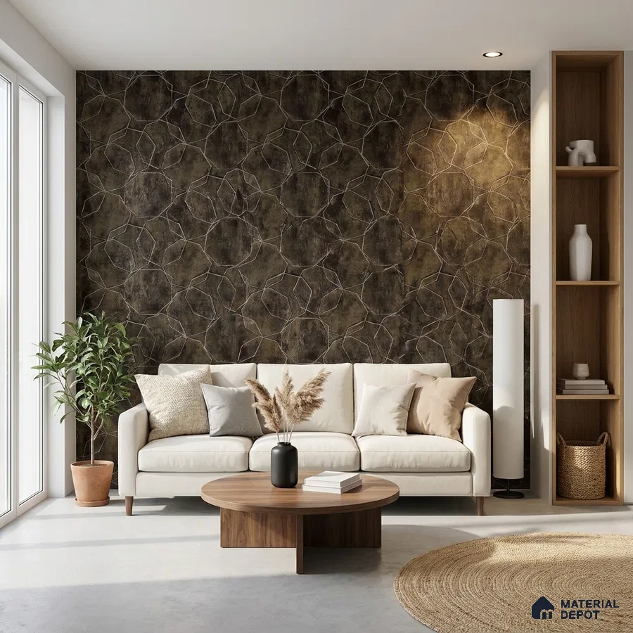 Modern living room with geometric patterned wallpaper and wooden coffee table