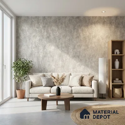 Scandinavian living room with textured geometric wallpaper and light oak wood furniture