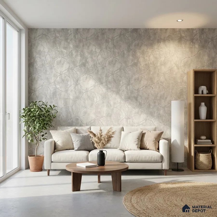 Scandinavian living room with textured geometric wallpaper and light oak wood furniture