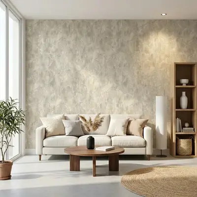 Scandinavian living room with textured beige wallpaper and natural wood accents