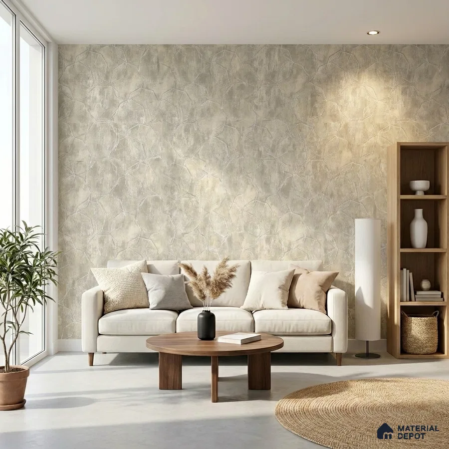 Scandinavian living room with textured beige wallpaper and natural wood accents