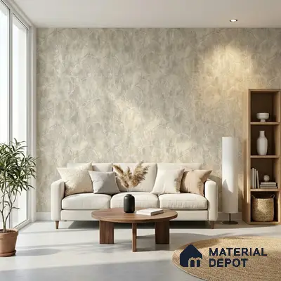 Scandinavian living room with textured beige wallpaper and natural wood accents