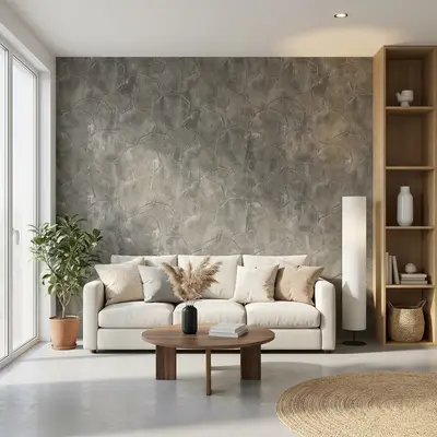 Scandinavian living room with textured stone-look accent wall and light wood shelving