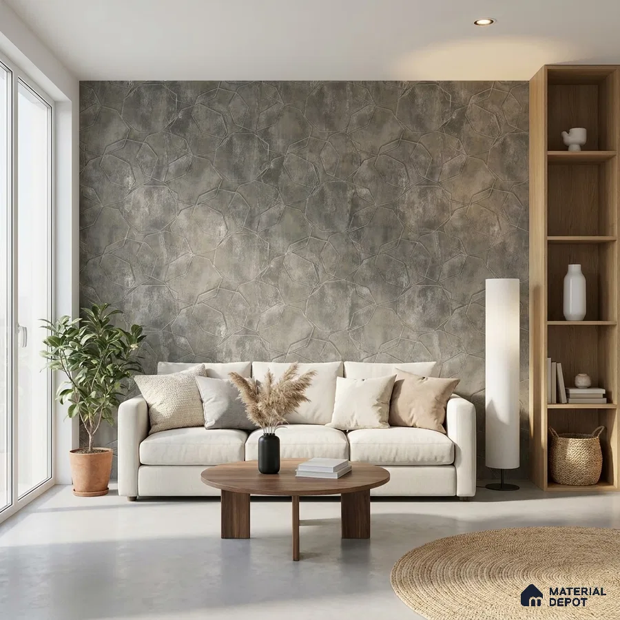 Scandinavian living room with textured stone-look accent wall and light wood shelving
