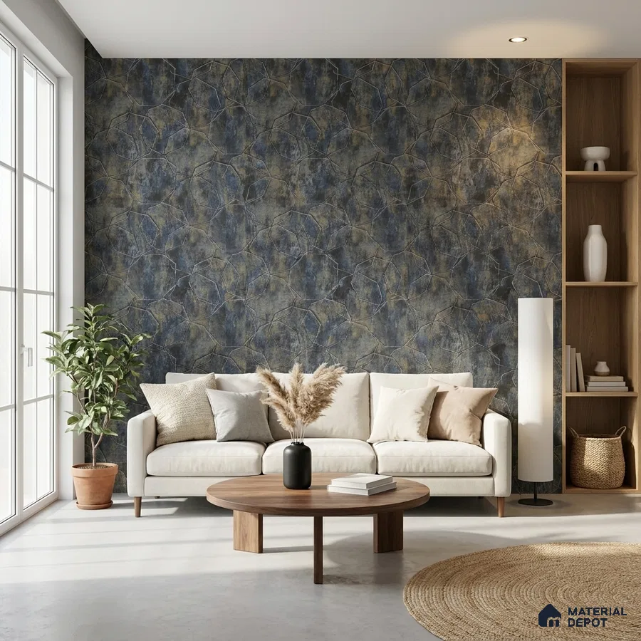 Modern living room with abstract blue and gold patterned wallpaper and light wood accents
