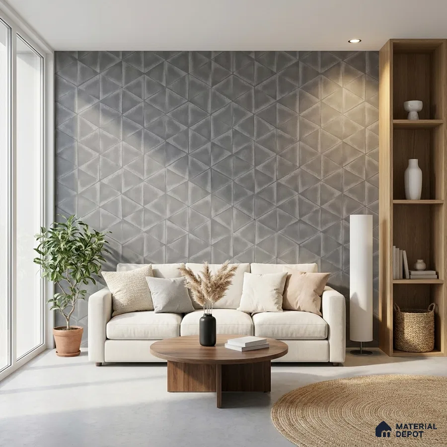 Minimalist living room with geometric grey 3D wall panels and light wood open shelving